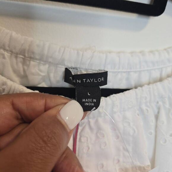 Ann Taylor Eyelet Top Women's Large White Long Raglan Sleeve Popover Blouse - Picture 8 of 11